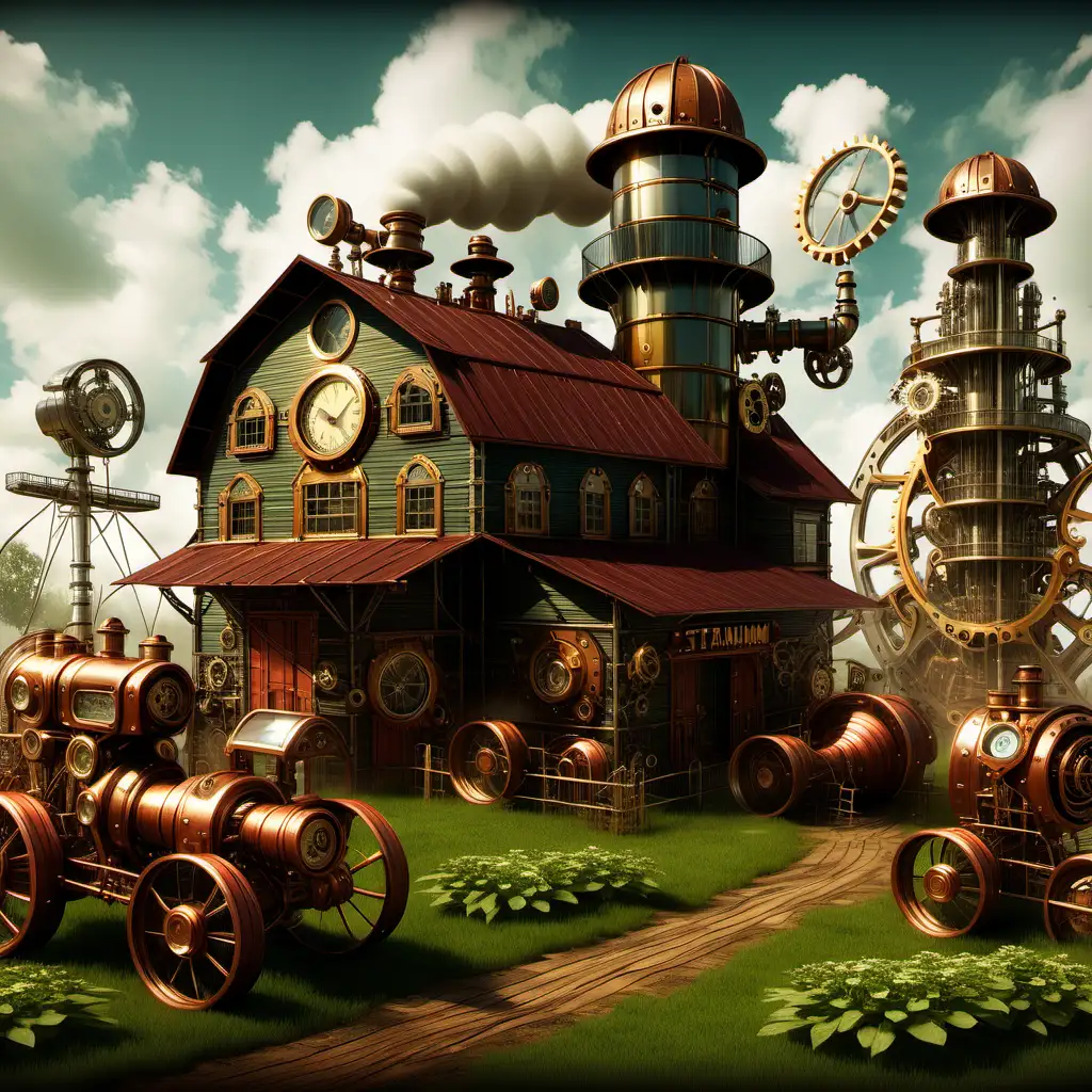 Intricate Steampunk Farm with Mechanical Marvels