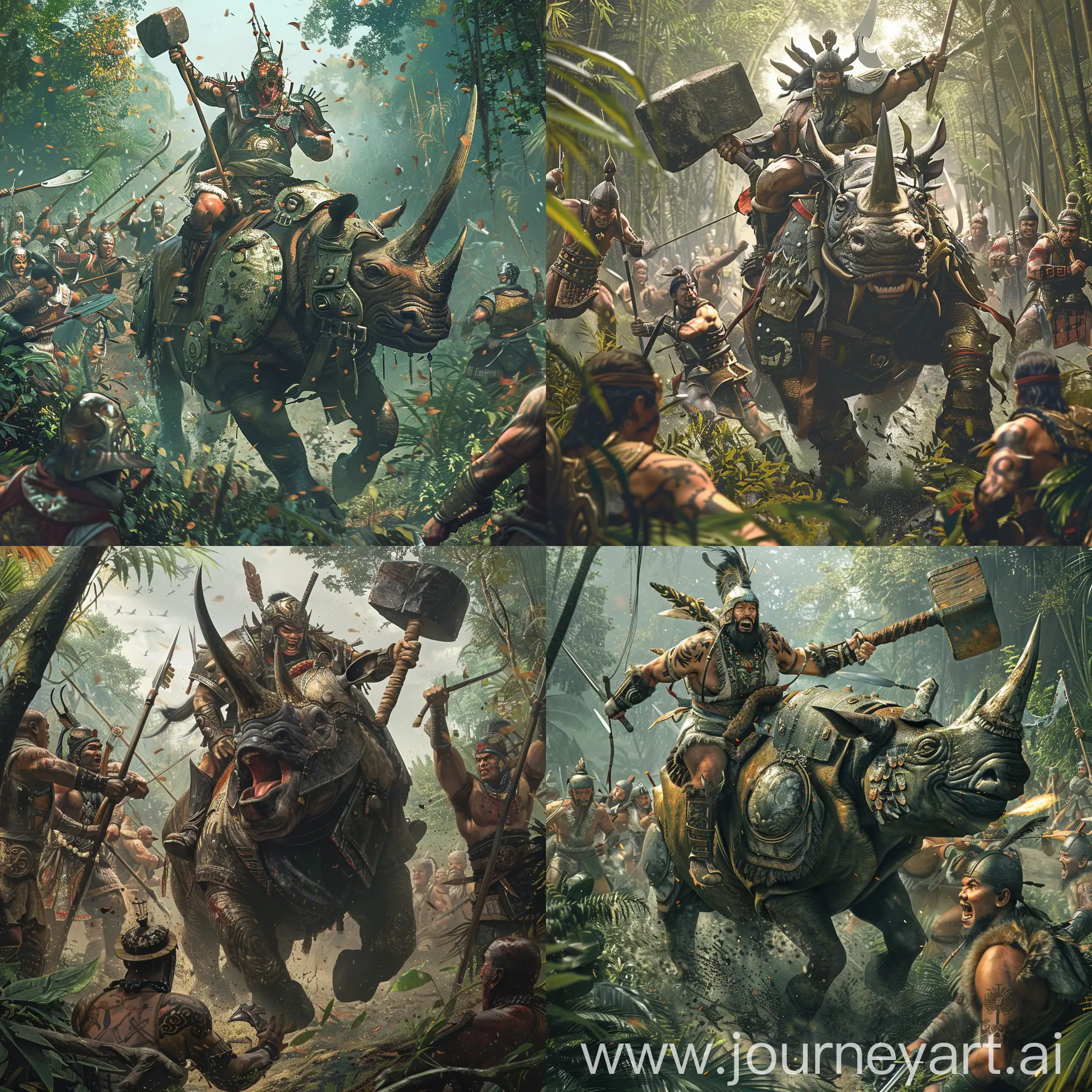 Chu-Warrior-on-Armored-Rhinoceros-Confronts-Qin-Soldiers-in-Southern-Jungle