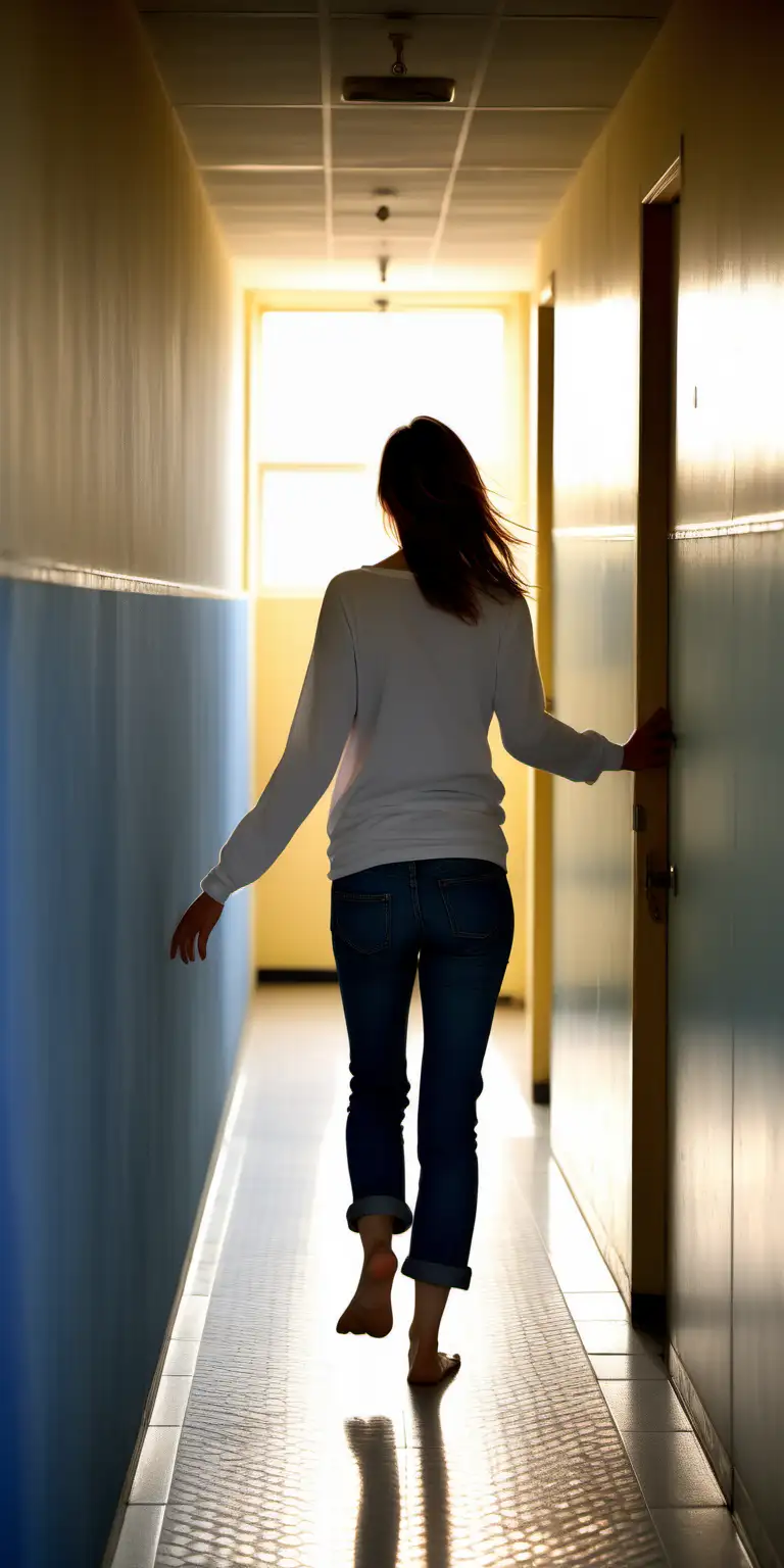Focused Woman in SunDrenched School Corridor