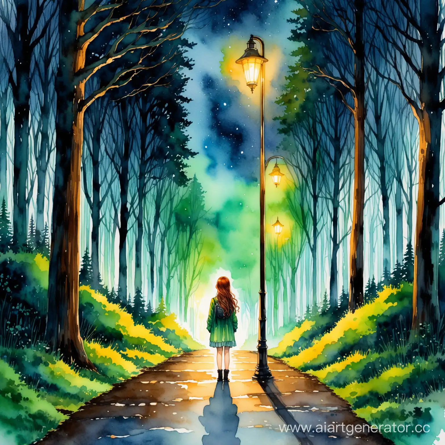 Enchanting-Slavic-Girl-with-Chestnut-Curls-under-Glowing-Street-Lamp-in-Night-Forest
