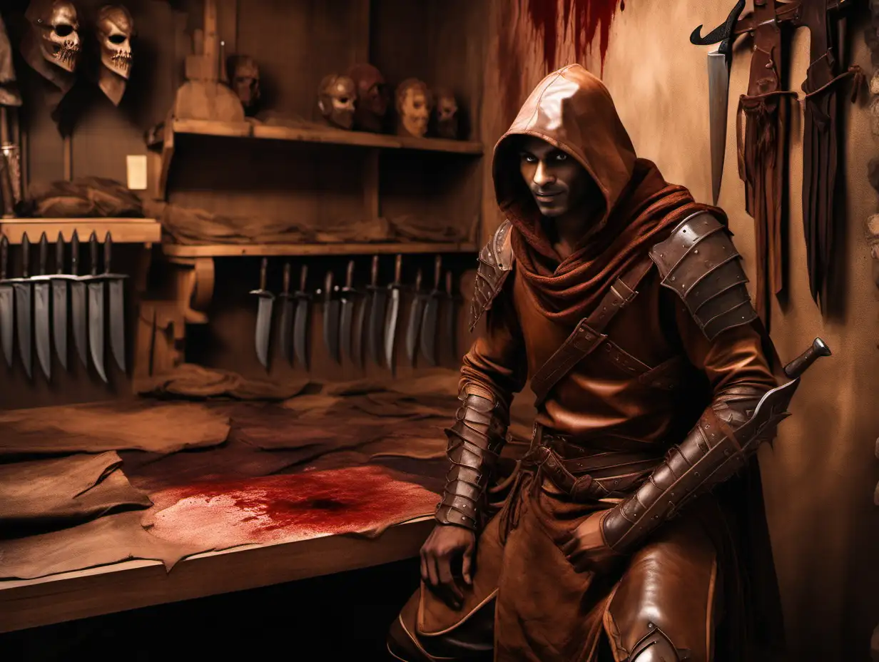 young Indian man, fair skin, evil grin, brown full leather armor, brown hood, tanners knife, leather hides, human skins collection, blood stains, tanning shop interior, Medieval fantasy painting