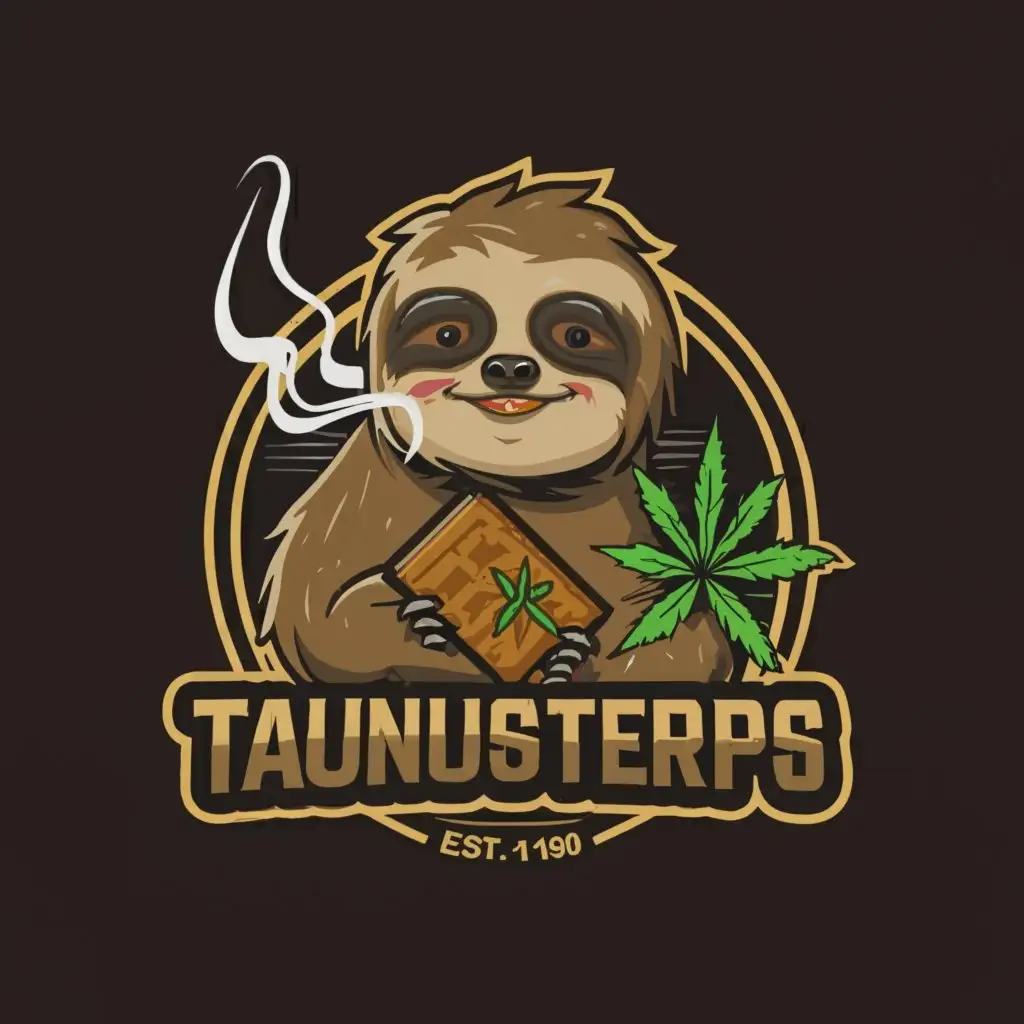 a logo design, with the text 'TaunusTerps®', main symbol: a stoned sloth holding a chocolate bar and add some cannabis, complex, clear background