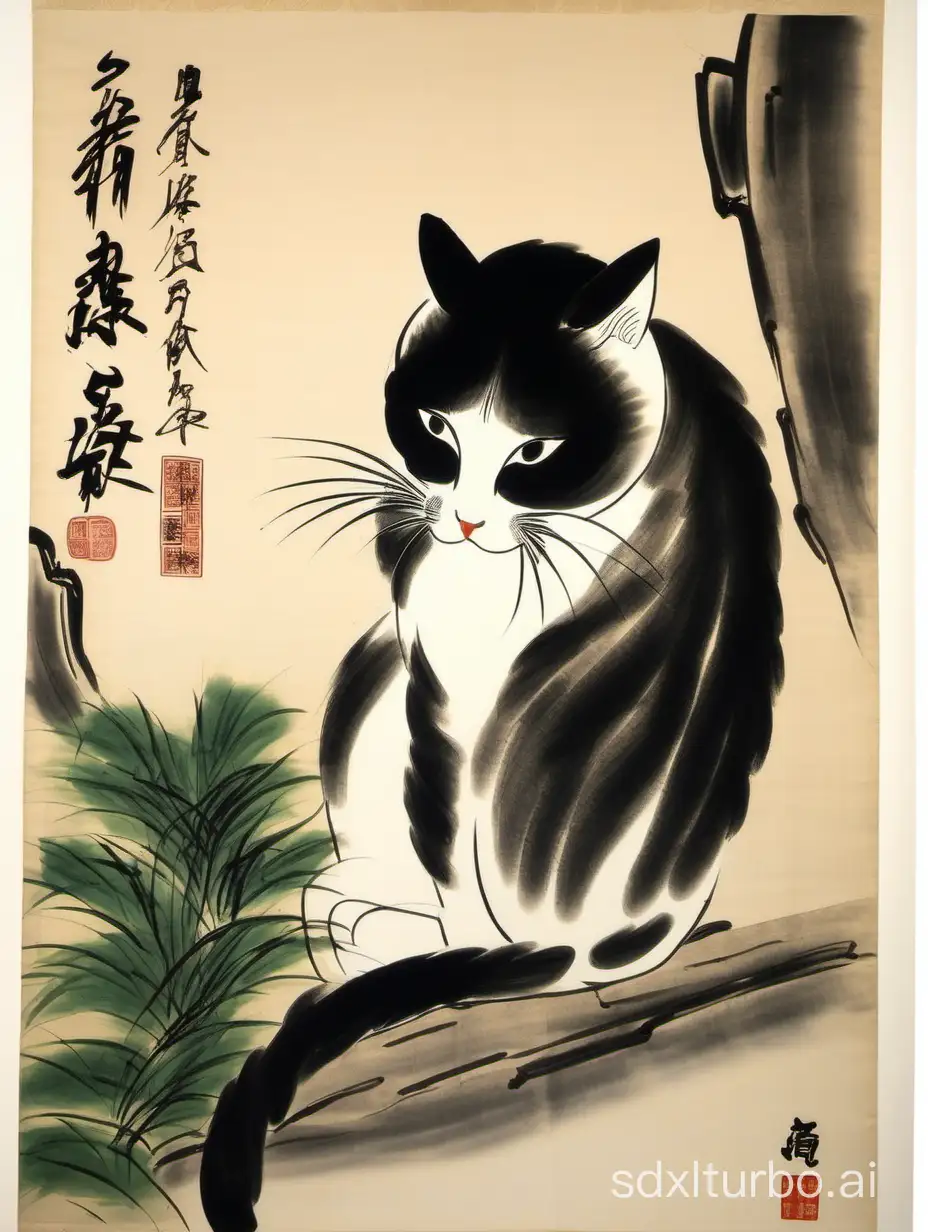 Qi-Baishi-Style-Painting-Tranquil-Cat-Resting-on-Blossoming-Branches