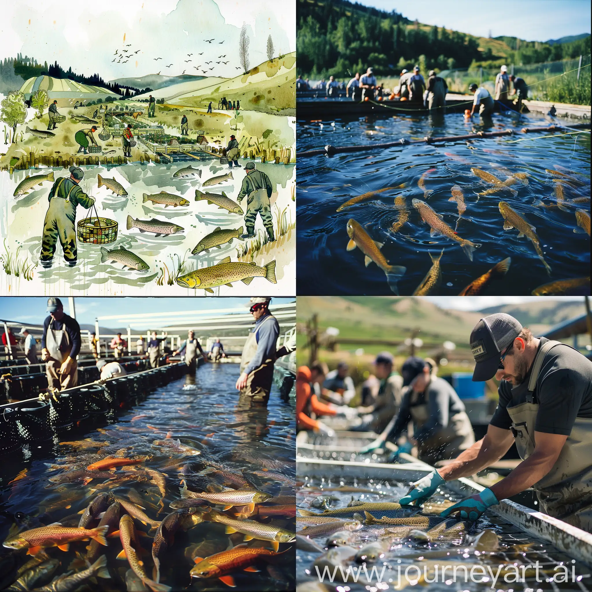 modern trout farming, people around