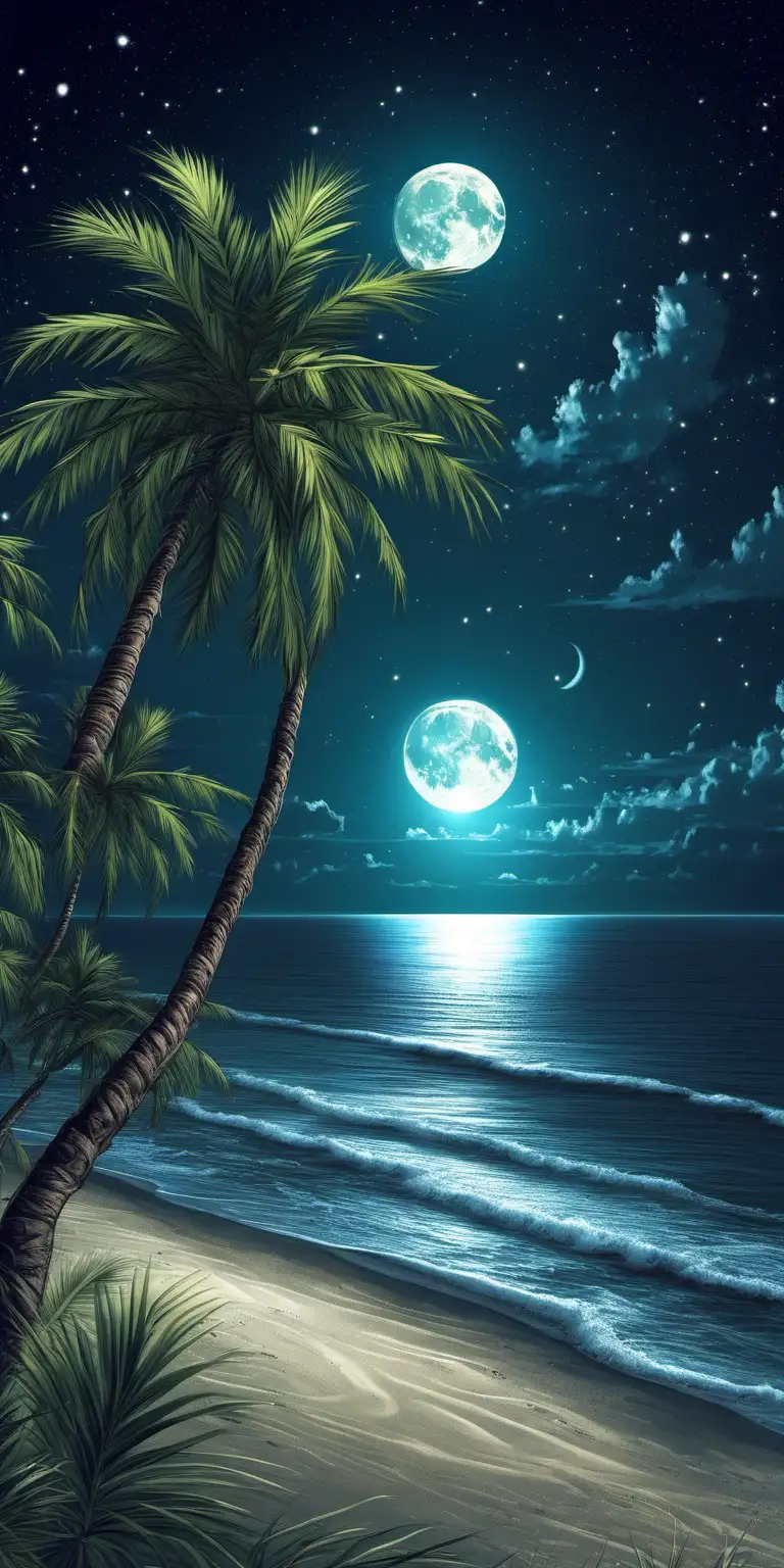 Moonlit Beach with Palm Trees and Ocean Waves at Night