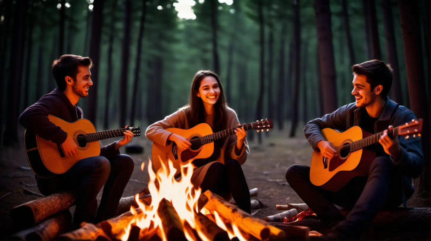 Friends Playing Guitars by Campfire in Cozy Forest Clearing at Dusk