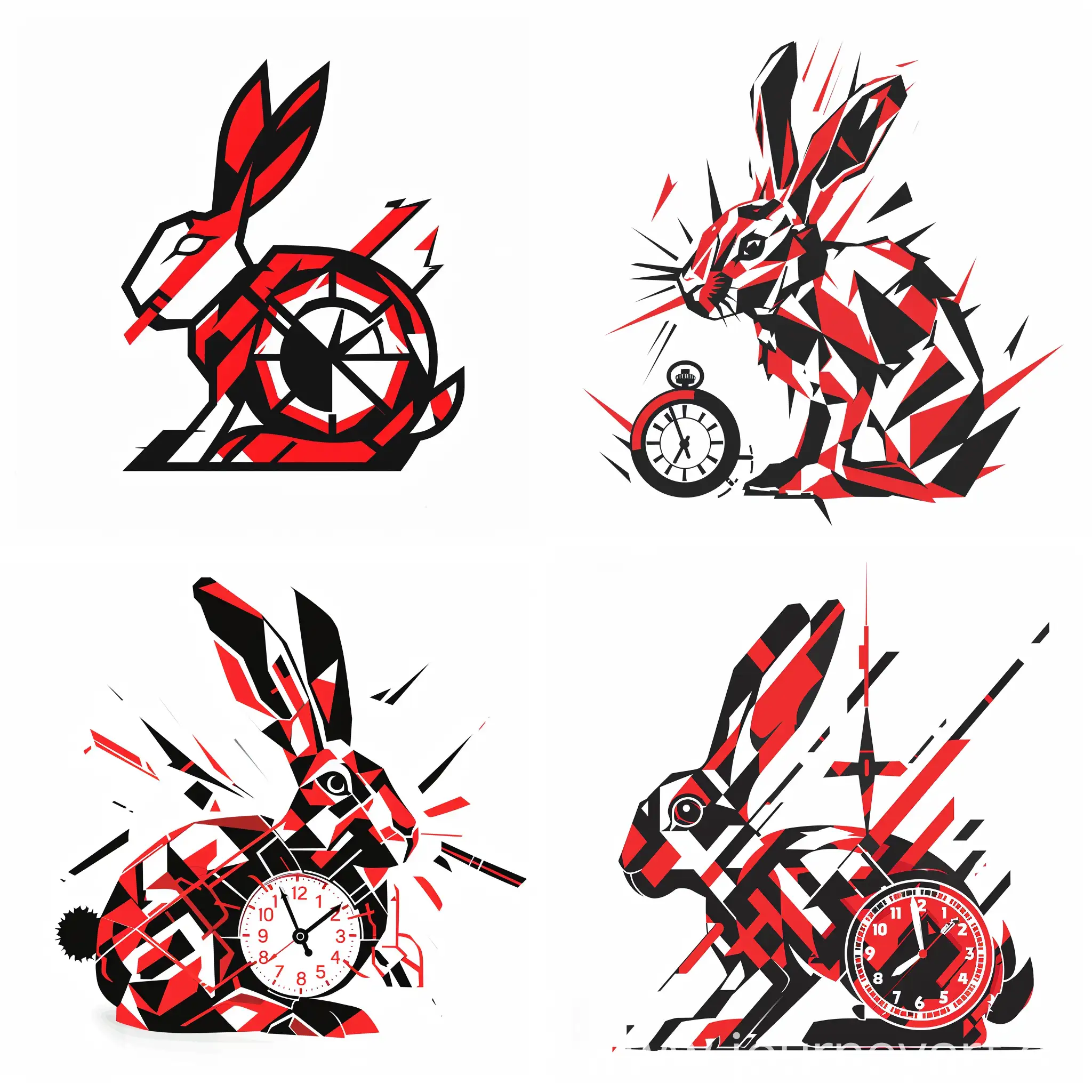 logo with electronic high voltage streamlined simplified cyber hare made of angular shapes with a stopwatch in red black and white on a white background