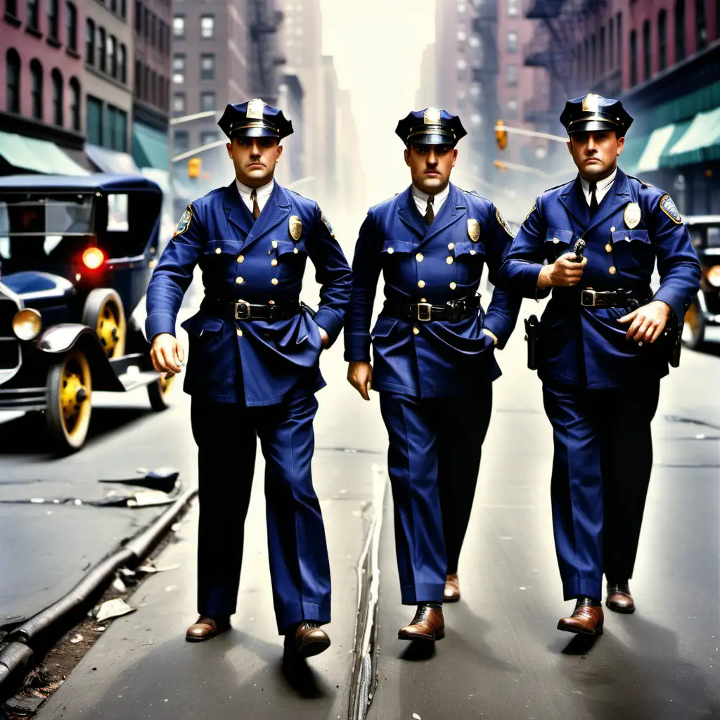 Full colour image. Three 1920s New York City best cops. Background is the streets of New York.