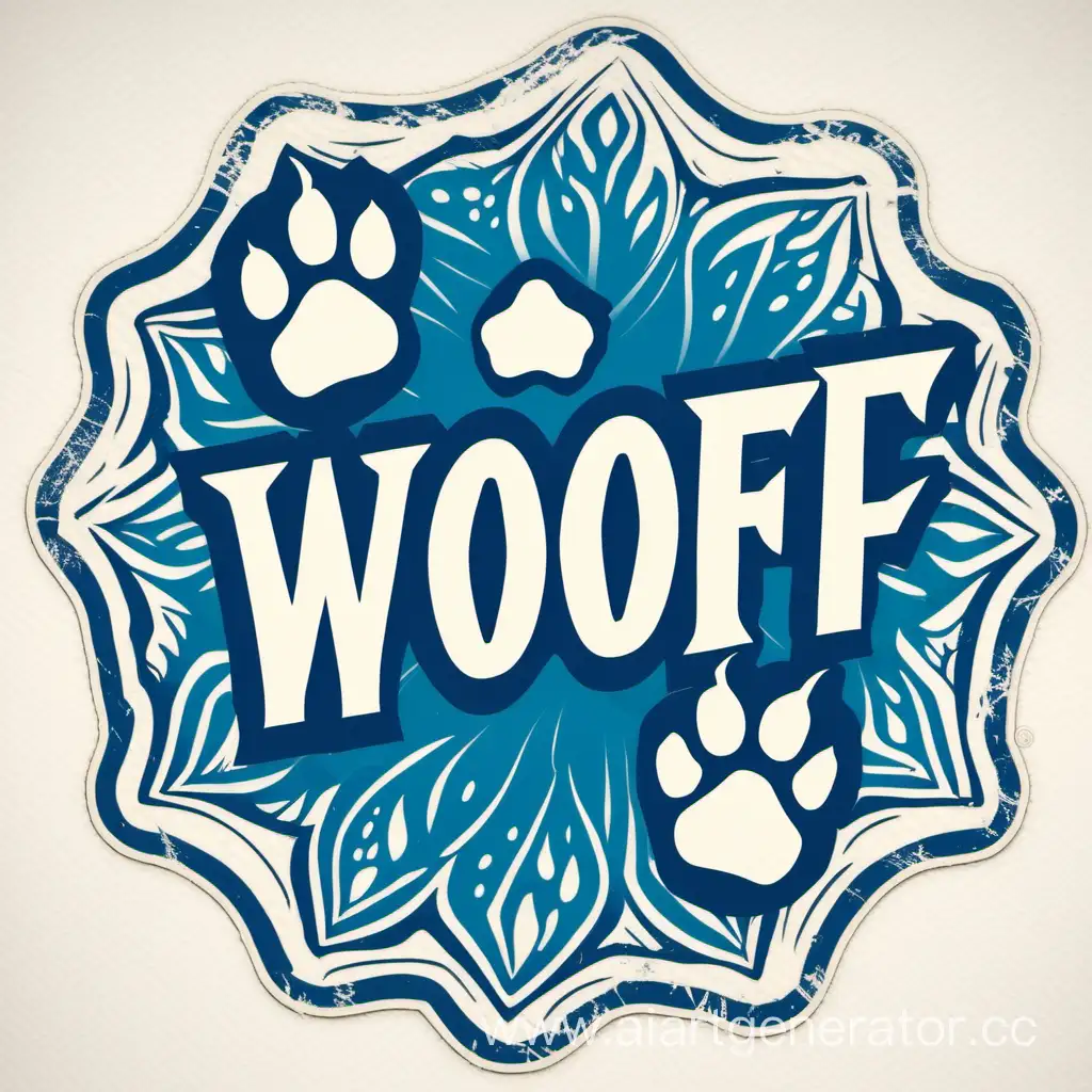 stamp style, only blue on clear white background, text "WOOF" in center? silhouette of a fox paw around