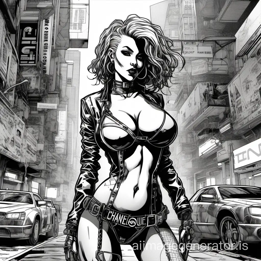 cyberpunk prostitute woman, hugue boobs, perfect body, chanel hair, lingerie, old comics draw visual, black and white graphics, full body
