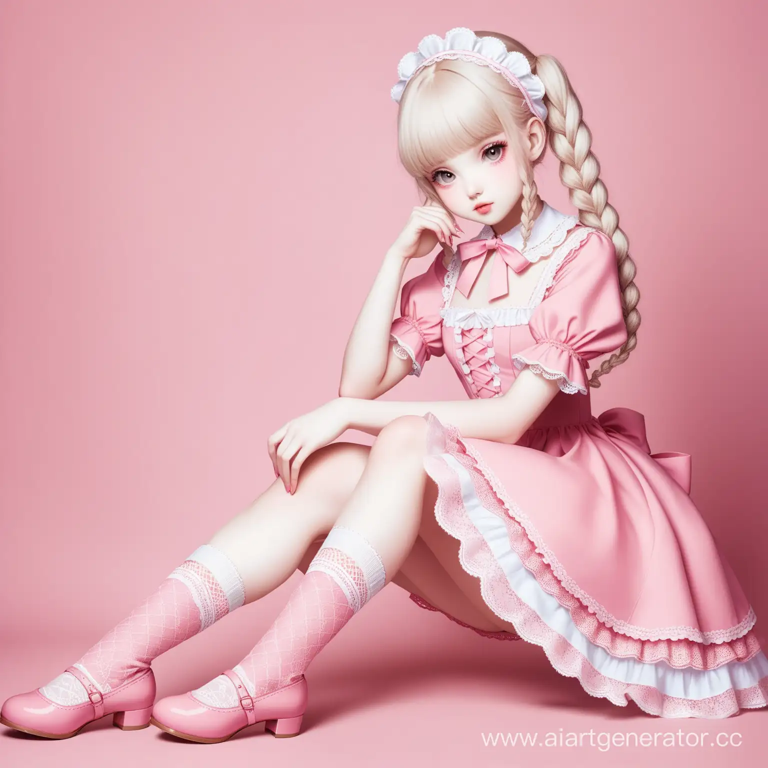 Porcelain-Doll-Girl-in-Pink-Lolita-Dress-with-Braided-Hair-and-Lace-Socks