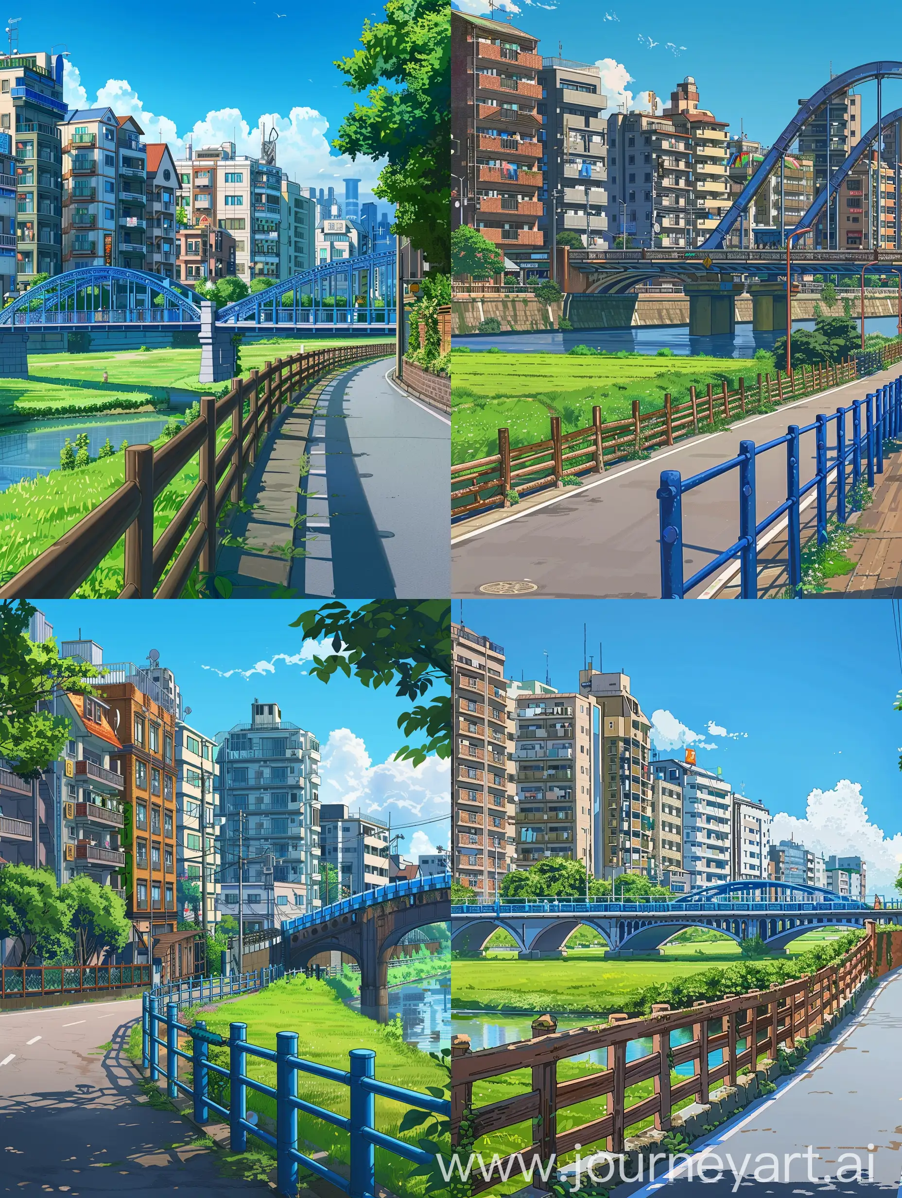 Anime style,A stylish touch of makato shinkai style,a little mix of studio Ghibli,realism but still stylized, multi-story buildings with diverse architectural styles on one side of a wide road, and a lush green field enclosed by a wooden fence on the other. An arched bridge with blue railings spans across a calm river, leading to more urban structures in the distance under a clear blue sky. The scene is illustrative and harmonious, capturing the peaceful coexistence of nature and architecture.