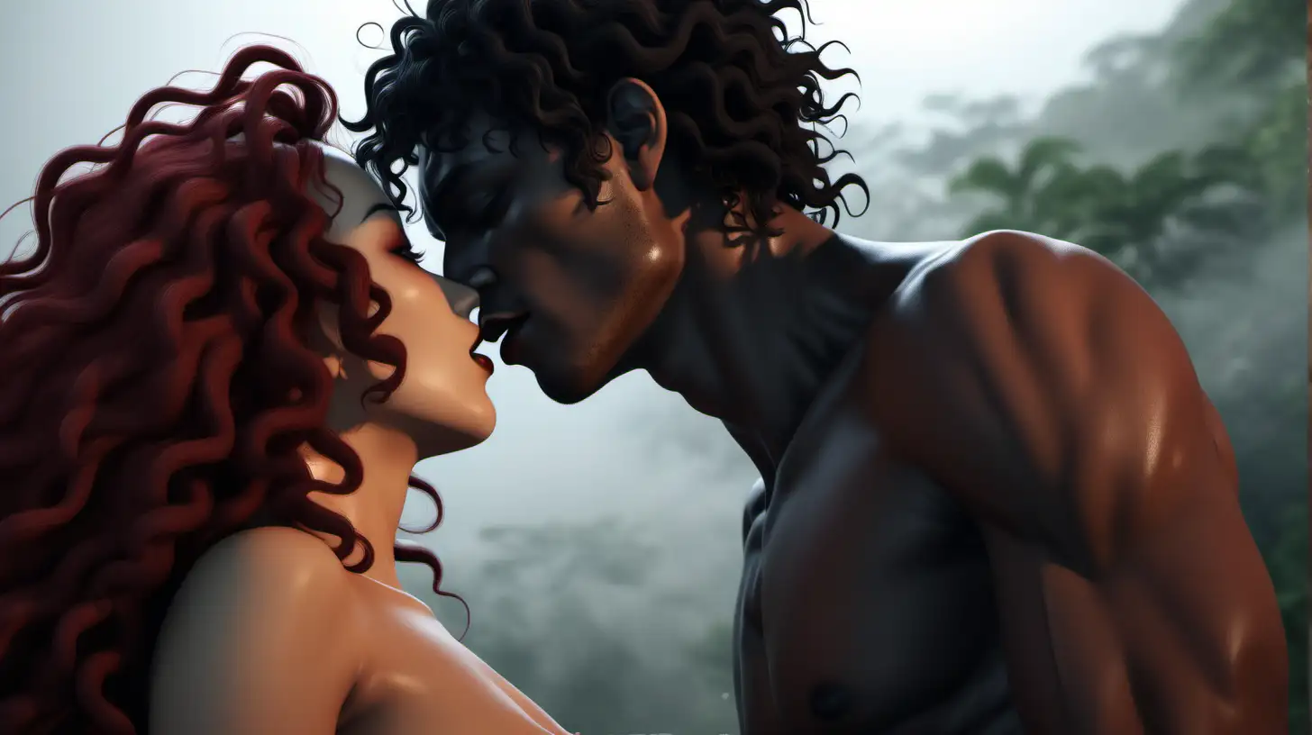 [CLOSE UP] Anime Silhouette, dominant, passionate scene, sexual effects, shadows, morning time, woman kissing handsome man, active positions, beautiful shape, beautiful body, skin covered in perspiration (mature, whole body, woman with long black wild curly hair, brown skin, black lip, red eyes, full hips/thighs, and bewitching chest with medium breasts), extremely detailed, ultra-sharp focus, depth of field, perfect meshes and textures, highly accurate reflections, volumetric fog, volumetric lighting, face drawn by the masterful artist Paul Gauguin, thin and soft lines --ar 2:3 --niji 5
