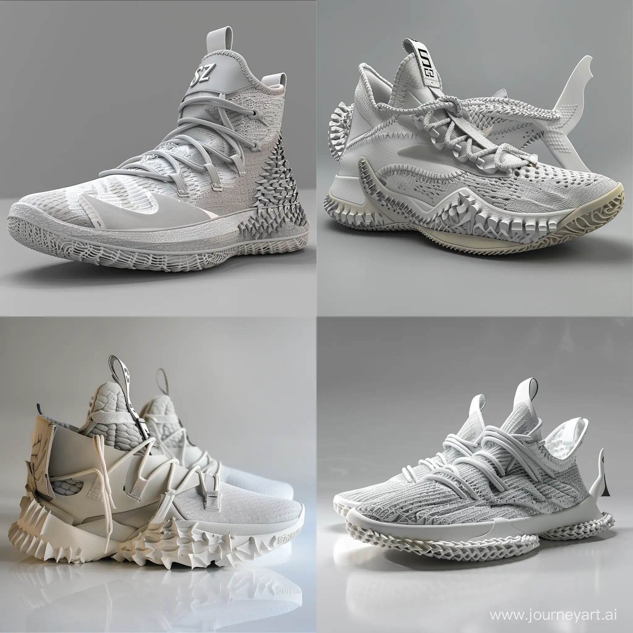 Design basketball sneakers inspired by shark bone Color white / grey , Rubber Outsole , foam midsole , fabric shark inspiration silhouette , bulky tie/rope , add (SZ) as logo for sneakers , shark tail in midsole , futuristic