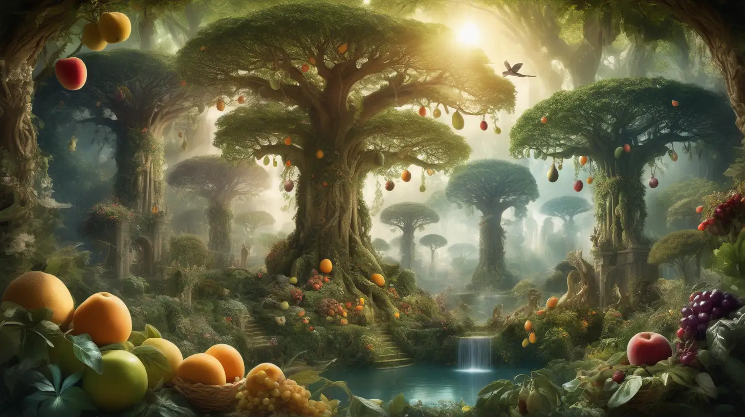A spellbinding image featuring a mystical garden filled with ancient, towering trees adorned with ethereal fruits, vibrant and diverse avian creatures soaring around, and a divine light shimmering through the foliage, creating an otherworldly atmosphere inspired by the celestial beauty and bountiful nature described in mythical tales.