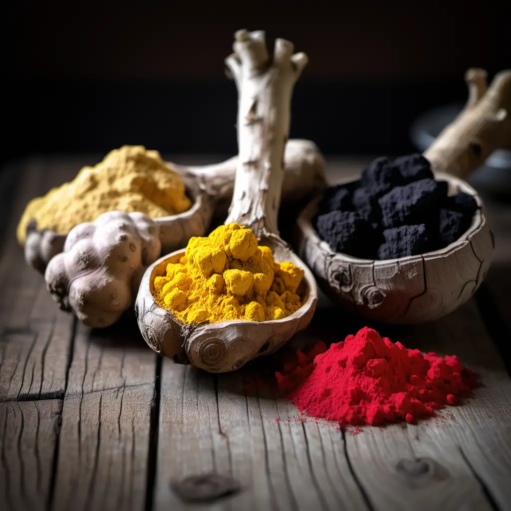 RED, YELLOW AND BLACK MACA ROOT ON A WOODEN TABLE IN A RUSTIC KITCHEN