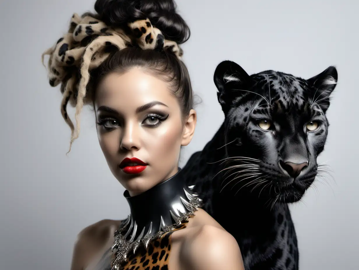 Futuristic Fusion Sensual Woman with PantherThemed Makeup and Real Black Panther