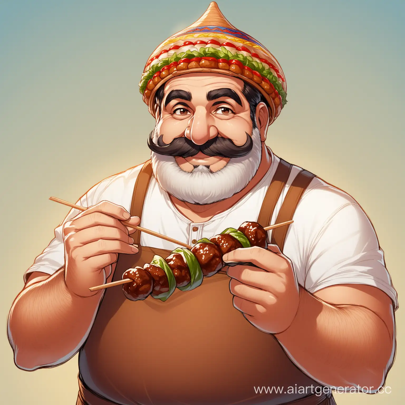 Большой  армянин с большим носом, с густым усами широко улыбается, держит в руках шашлык на шампуре. На голове у него папаха. 
