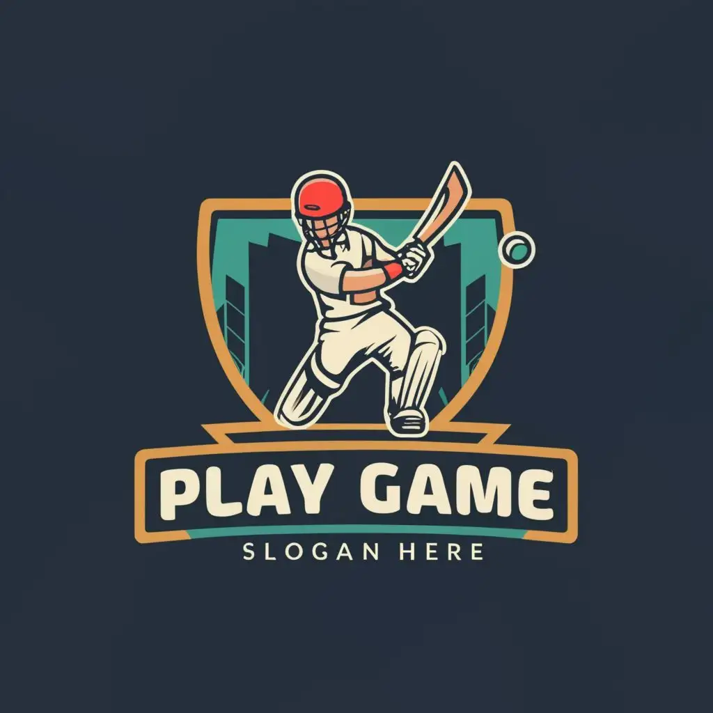 logo, Bat and ball,batsman standing , with the text "Play game", typography, be used in Education industry