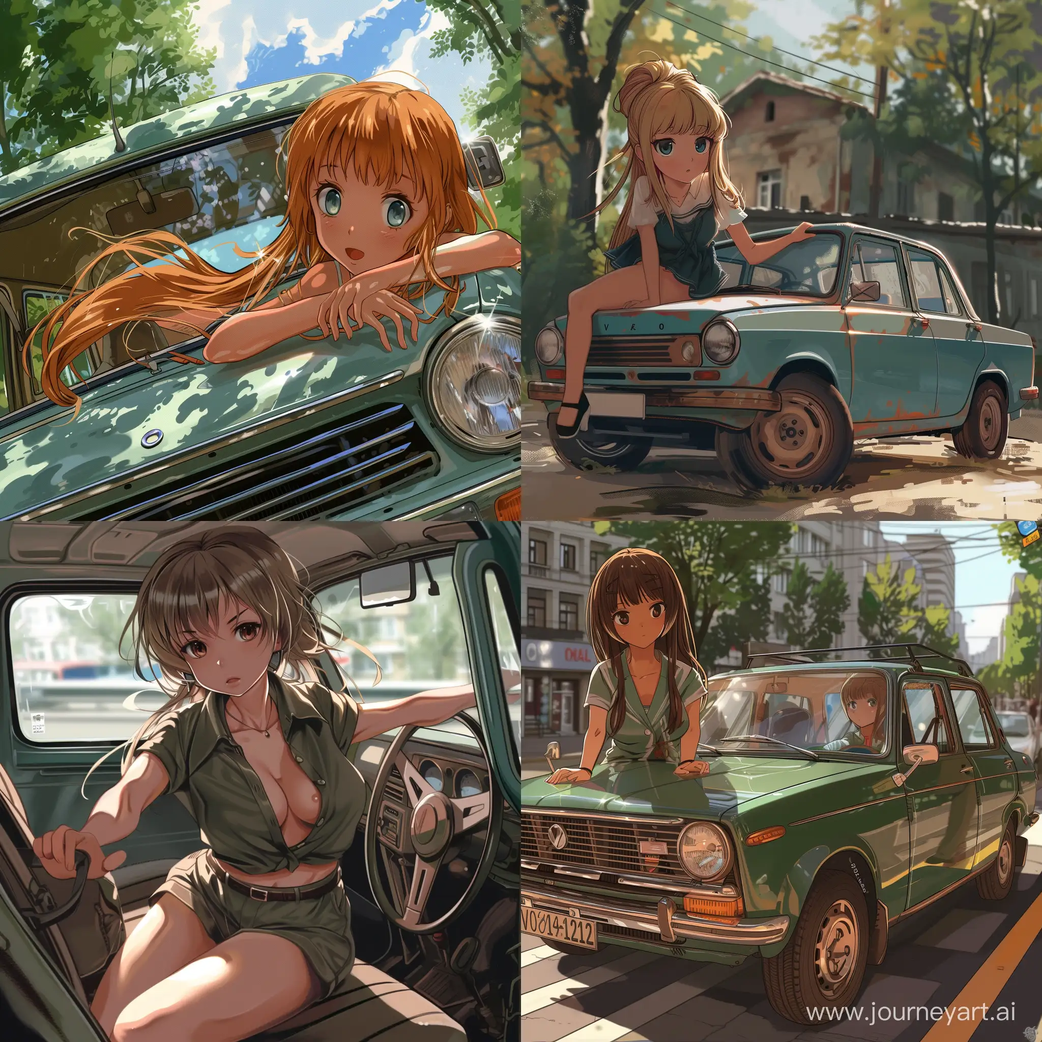 Аниме девочка в машине ВАЗ-2106, аниме стиль