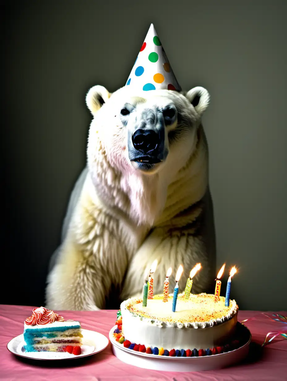 Polar Bear Celebrates Birthday with Cake and Party Hat