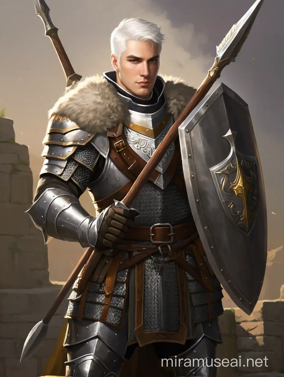 Human, male, 30 years, white short hair, paladin, heavy armor, shield and spear
