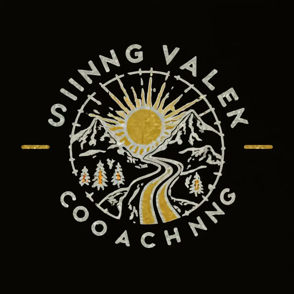 logo, sparkling valley path between grey mountains into sun rays, with the text "Shining Valley Coaching", typography