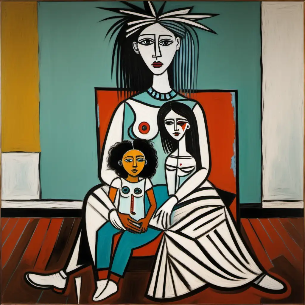 Modern Artistic Depiction Mother and Child Embraced in Picasso Basquiat and Buffet Style