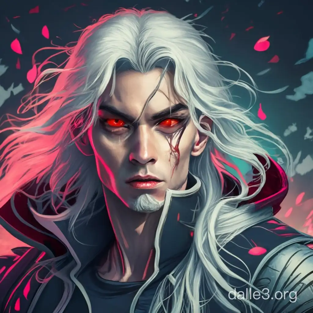 A young vampire with long white hair and red eyes 

