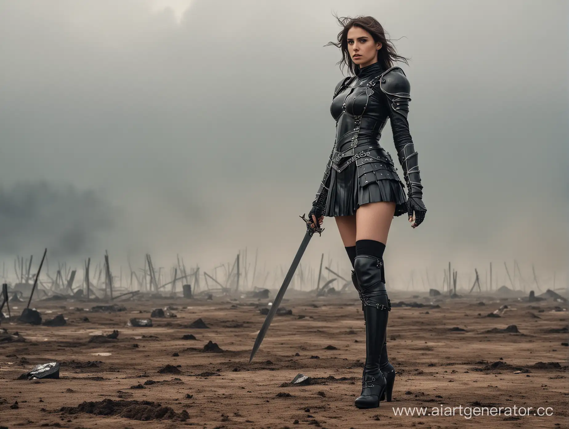 Девушка 25 лет Рыцарь в черных доспехах Хаоса 
в мини юбке , туфлях на шпильке и чулках. Стоит на поле боя.