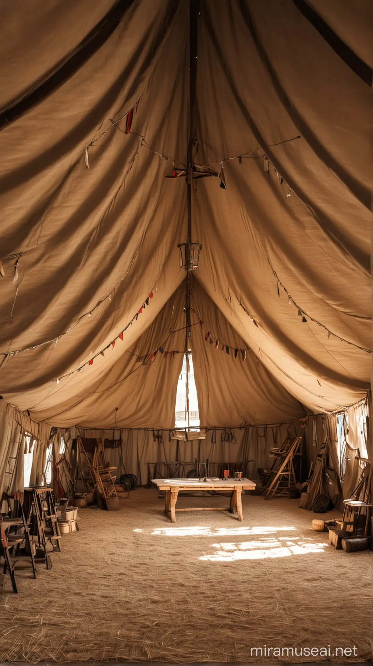 Medieval Battle Tent Interior with Armor Weapons and Maps