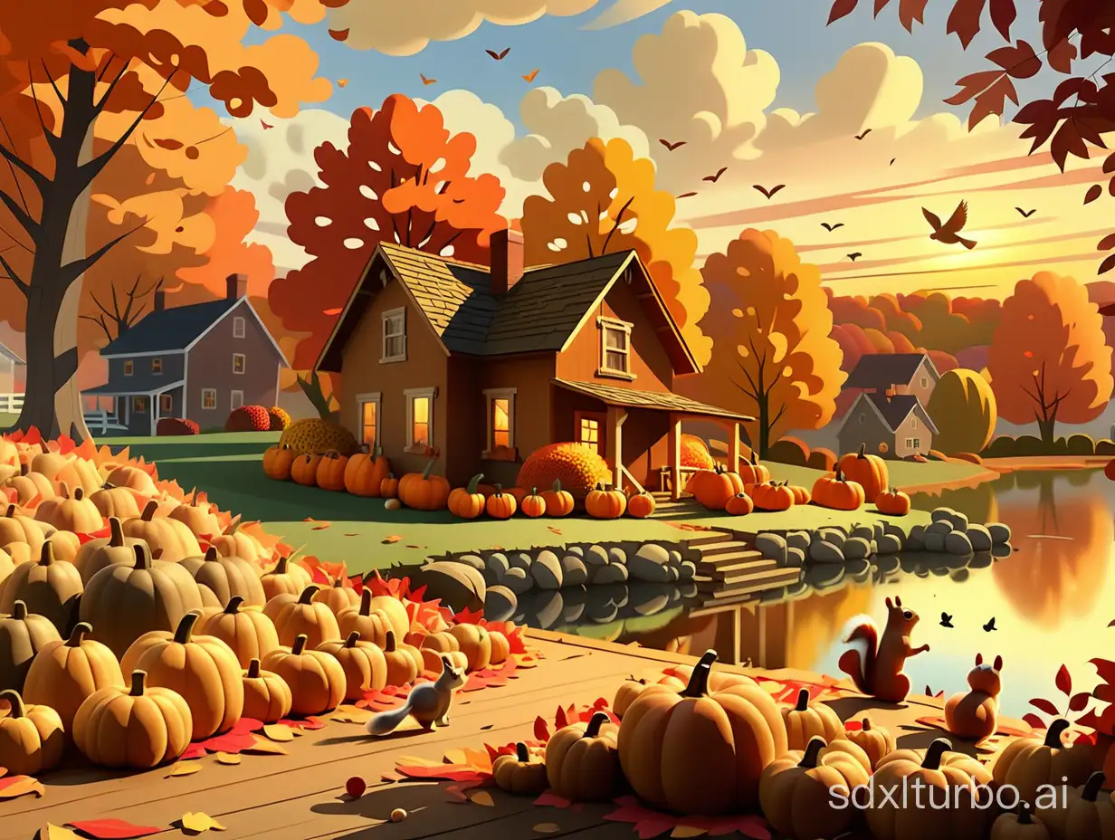 Tranquil-Autumn-Lake-Scene-with-Harvested-Bounty-and-Cozy-Cabin