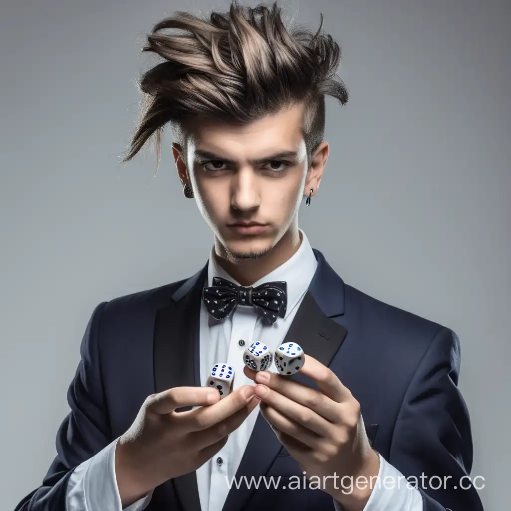 Young-Man-25-Throws-Three-Dice-in-Simple-Attire-with-Unusual-Hairstyle