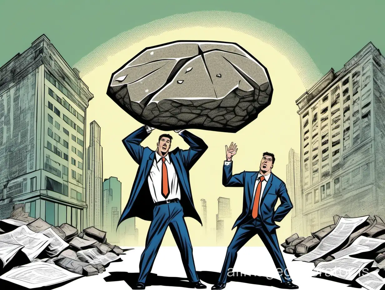 The lawyer stop a large flying stone with his hand, the second businessman covers his head with his hands, in the style of a comic book