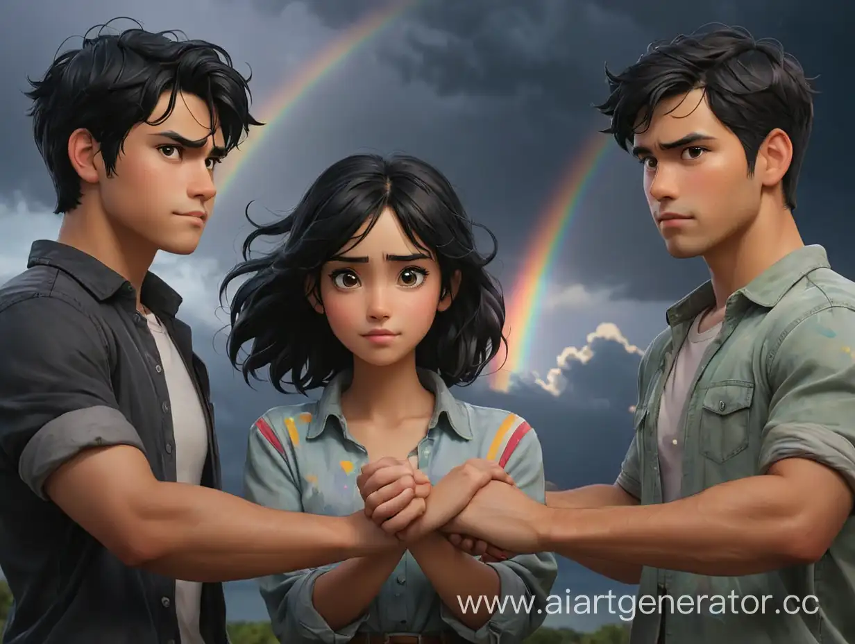 девушка с черными волосами с двумя парнями, за обе её руки держат парни, у одного парня темные волосы, у другого светлые, на фоне темное небо гроза и радуга