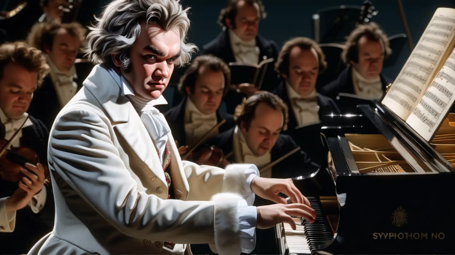Бетховен играет на рояле. Одет в праздничный фрак и праздничную белую рубашку. Игрант симфонию 5