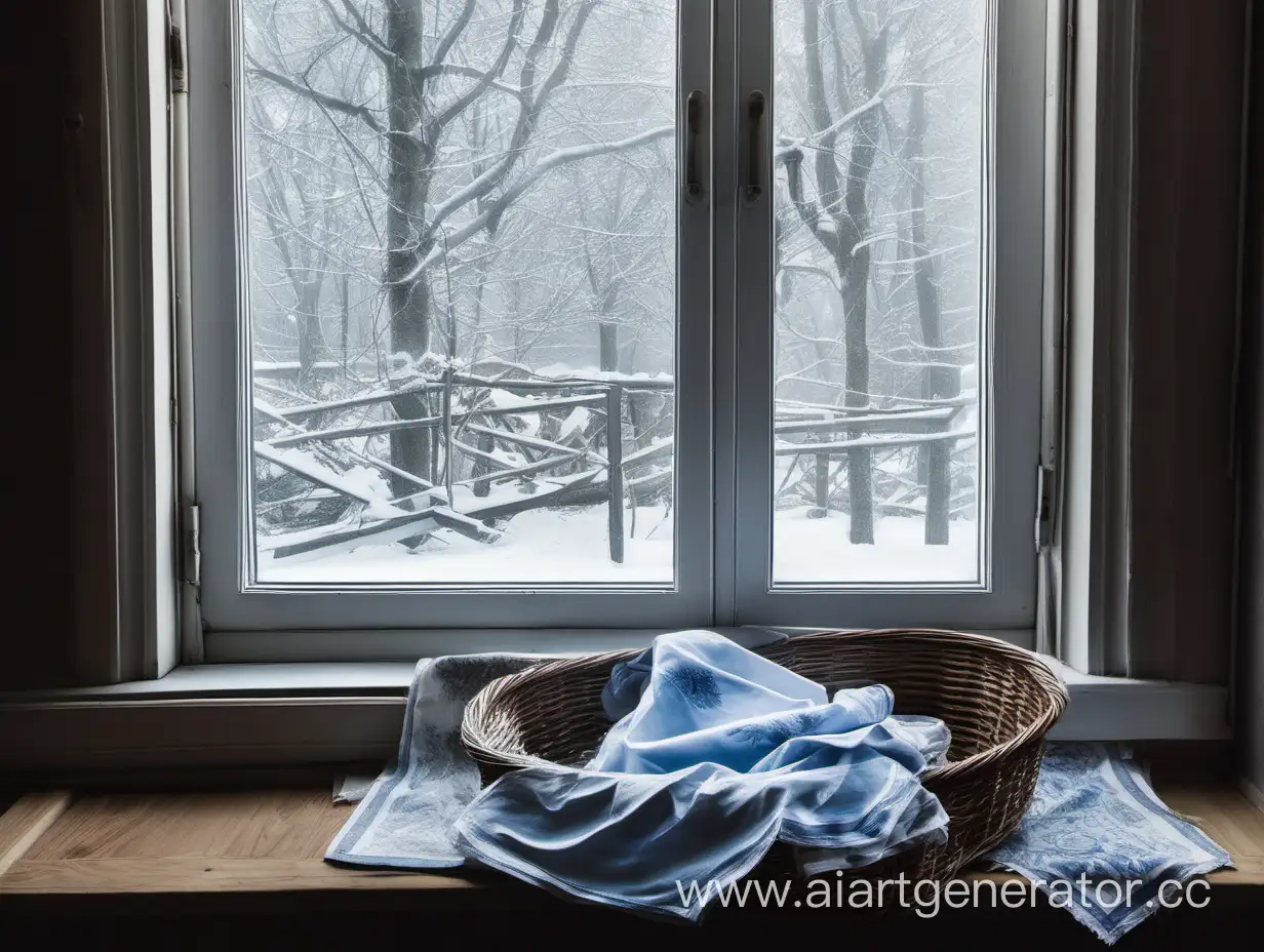картина  где в окне видно зиму ,а на полу лежат корзина и платочек