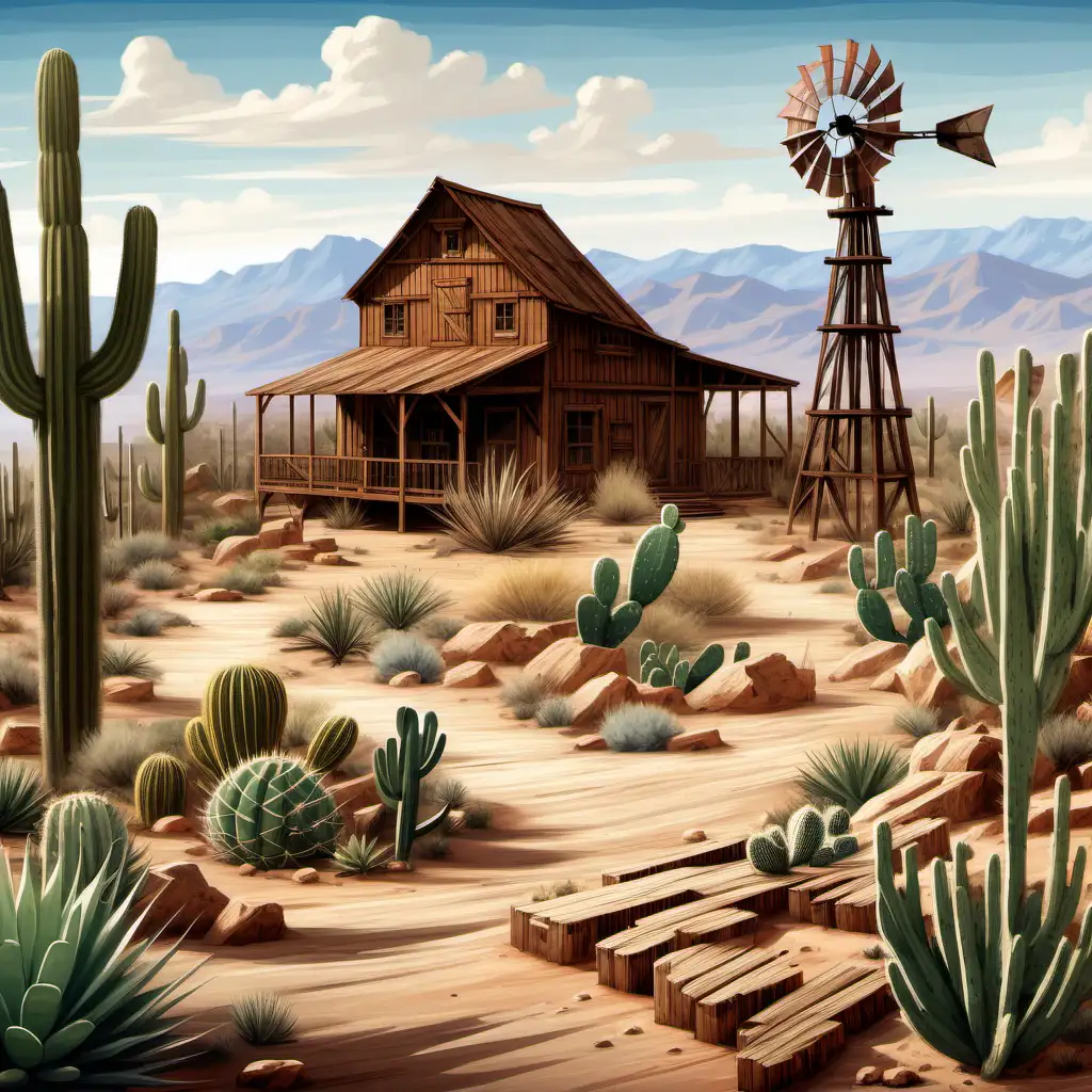 western art, rustic wooden buildings, windmill with wooden platform and tower, rustic wooden barn, rustic wooden guard tower, cacti and other desert flora and fauna.