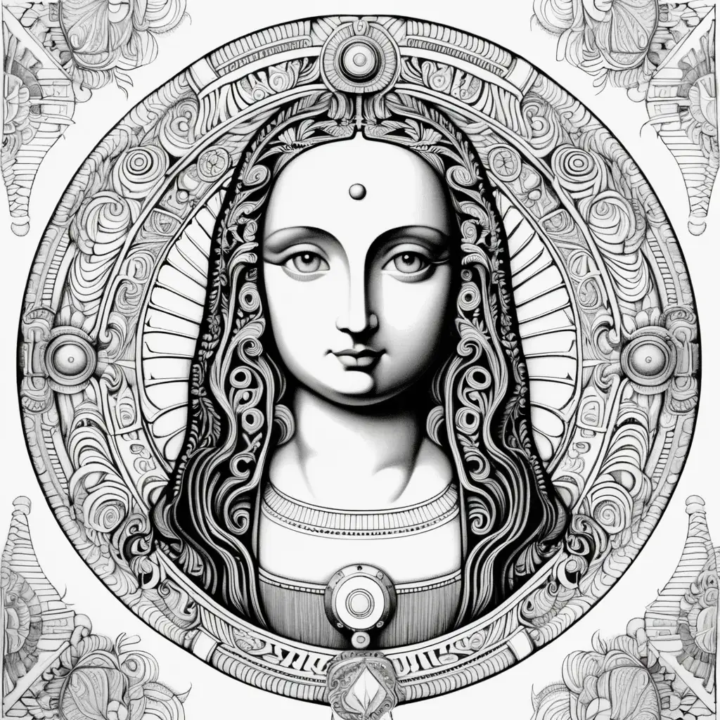 Symmetrical Robot Mona Lisa Coloring Page with High Details