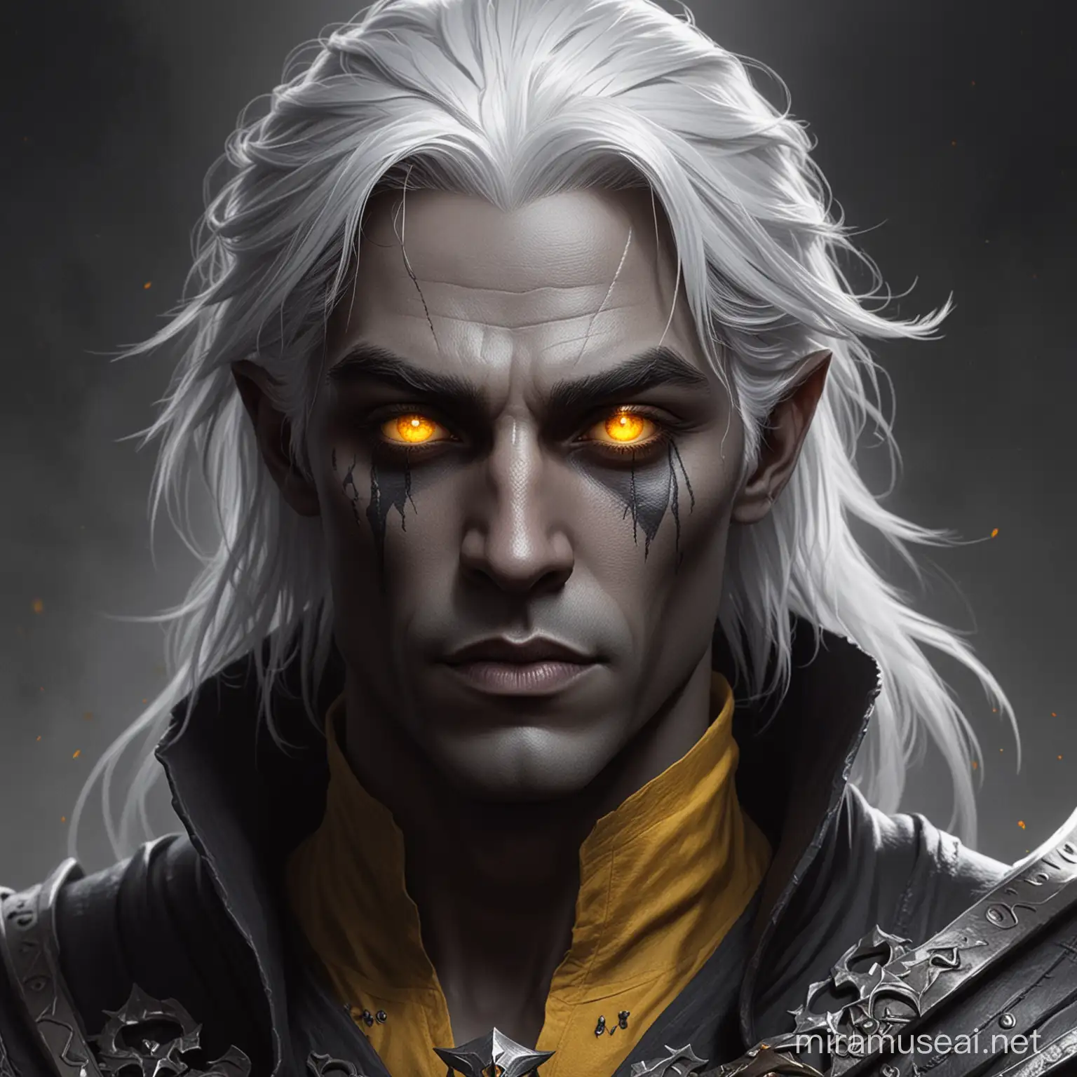 drow male with white hair, dark grey skin, yellow eyes, with a grim look on his face, in fantasy DnD style