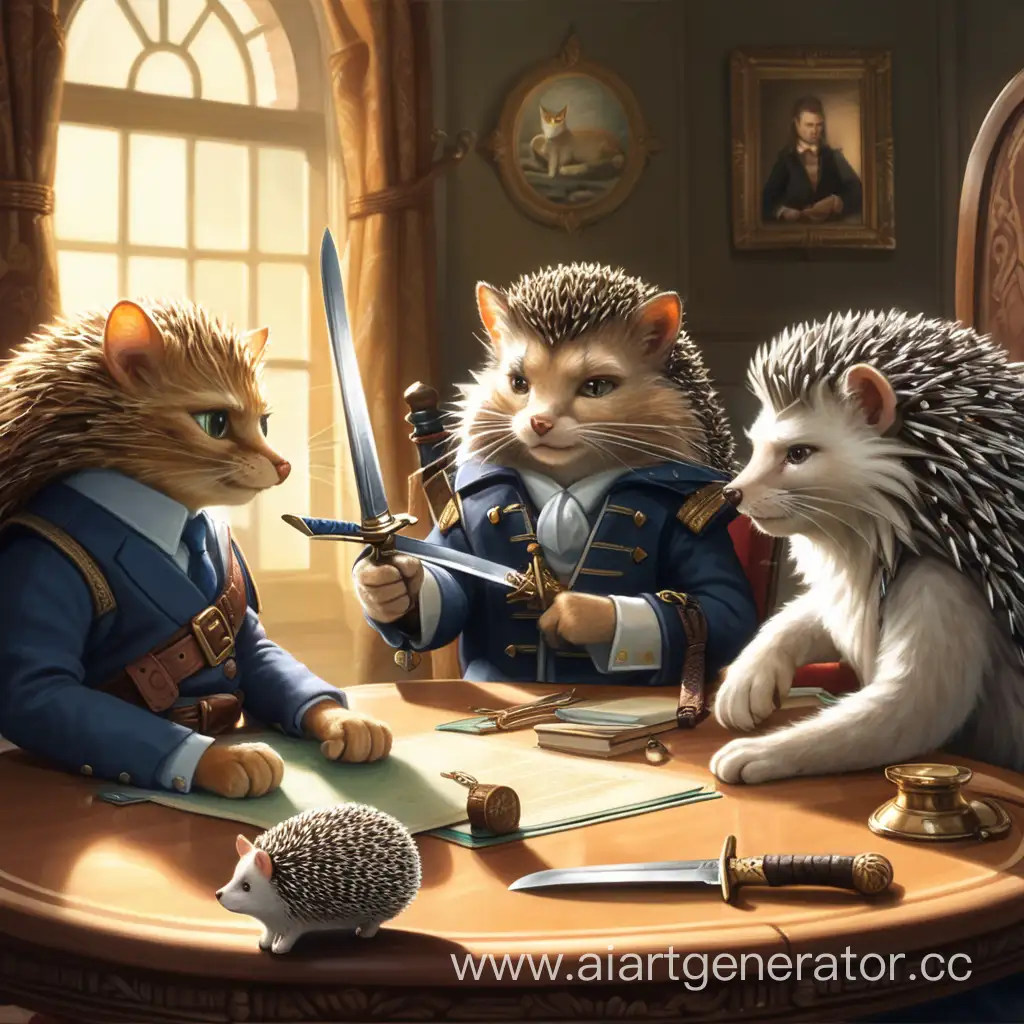 Два кота и ёжик, сидят за столом переговоров, на столе лежат их мечи