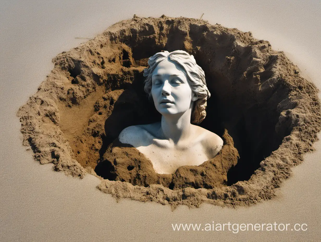 buste de femme ensablé dans un trou sur la plage
