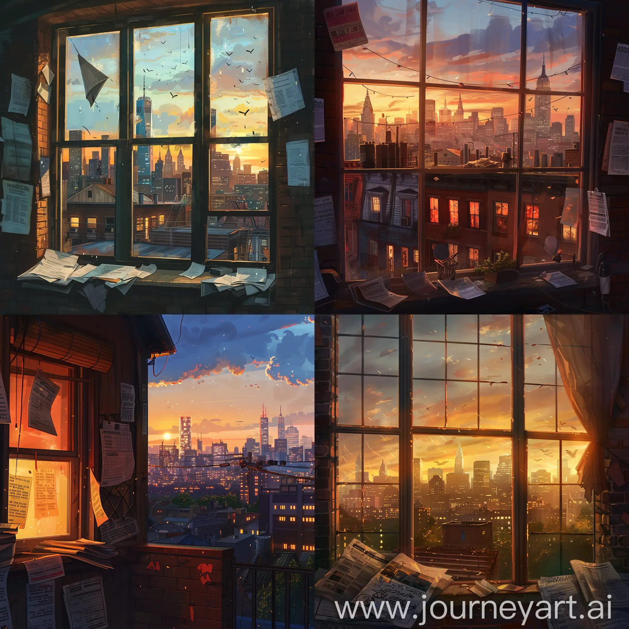 Background of daytime lighting, hustle and bustle city, papers and school supplements, modest home, financial struggles, window, rooftop, overlooking skyline, painting beautiful picture, warm glow, dusk, motivational quotes.
