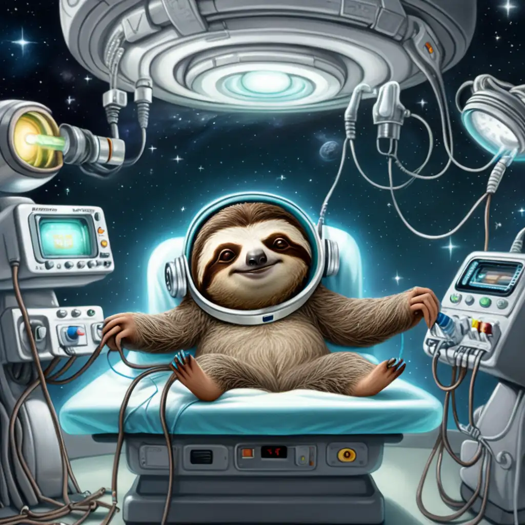 Cartoon sloth getting electrical convulsive therapy done in outerspace.