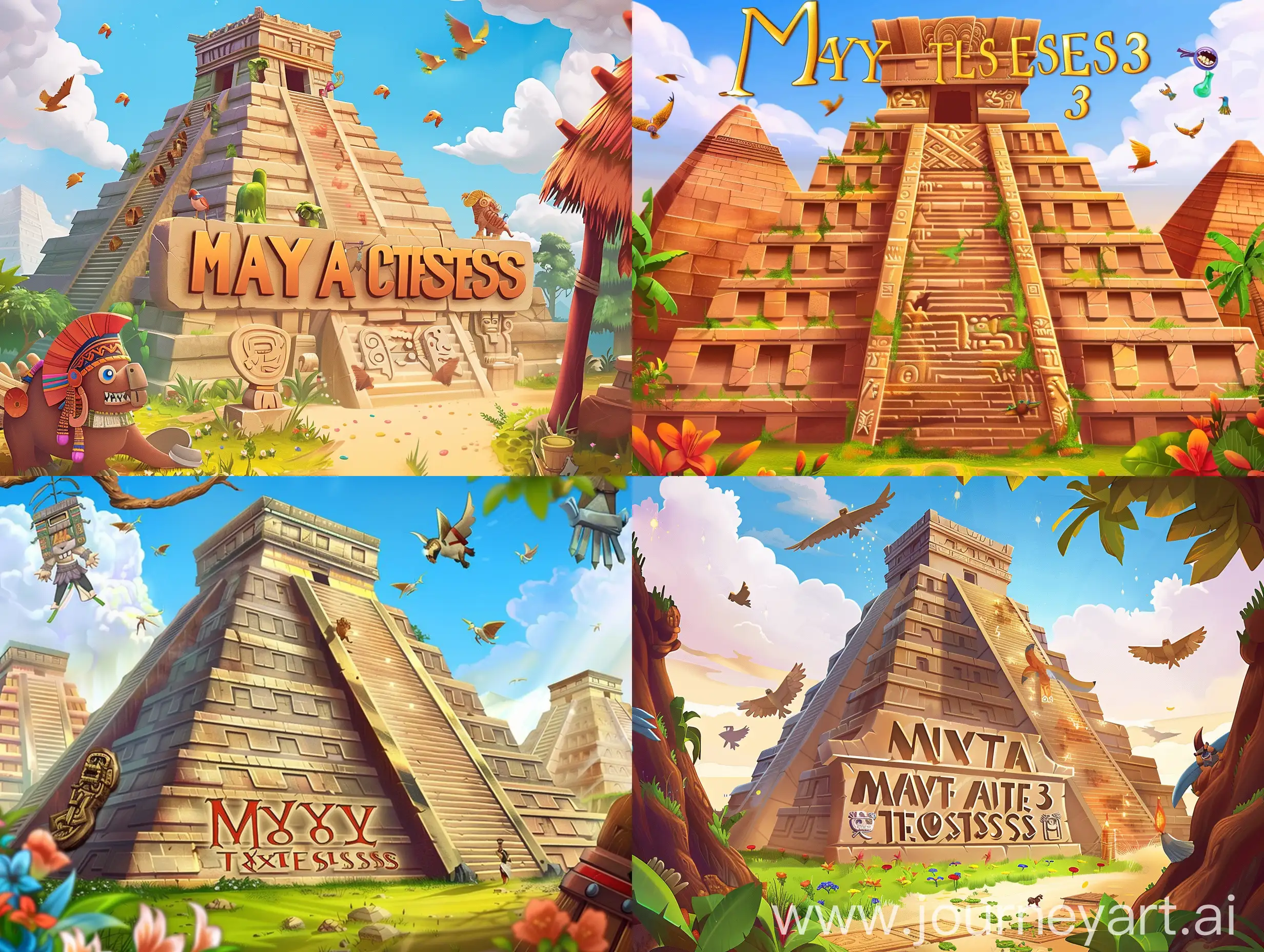 Computer game cover, Mayan pyramids, cute, match 3, "Maya Treasures" inscription