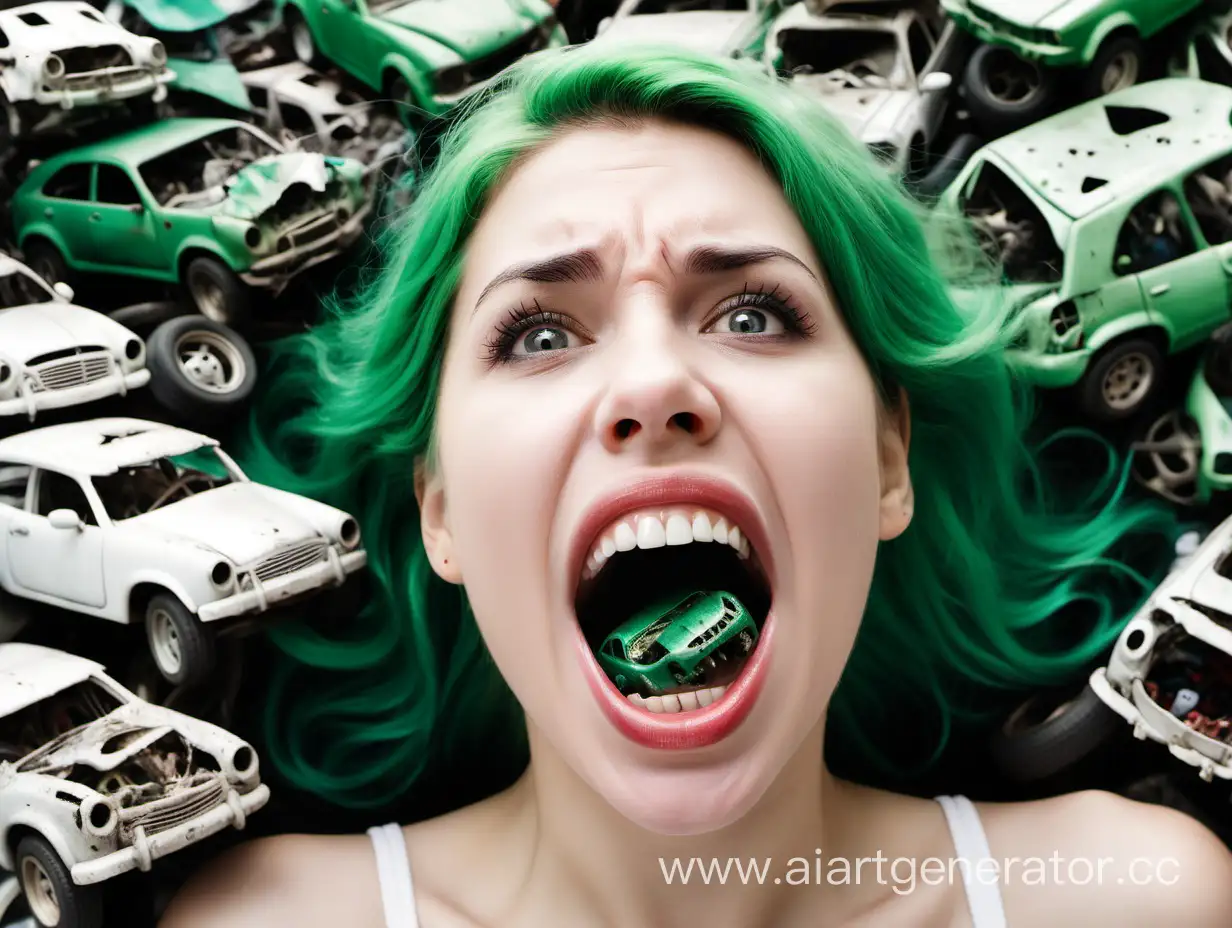 a photo of a pretty greenhaired  woman's open mouth, focus on the close-up mouth , a few small tiny wrecked cars are lying inside her mouth, a simple white background