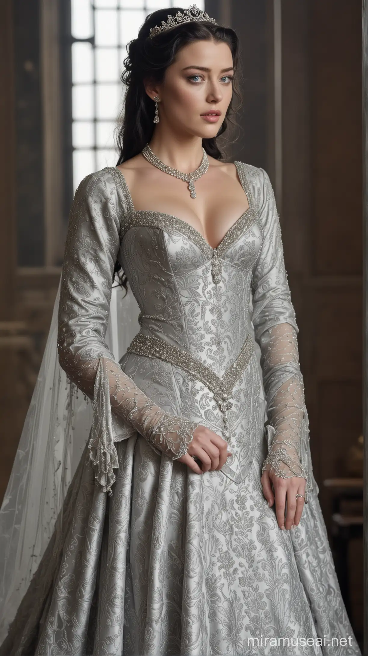 Amber Heard with black hair and violet color eyes as a medieval fantasy queen wearing a Tudor era damask gown of soft silver grey color so fine and soft that it shimmers like frosted glass. The gown is beautiful, a true work of art with full sleeves and lavish decorations. The gown was tight and snug which clung to her generous curves and shows her hourglass figure with high neckline. The bodice was fully made of soft grey colour damask and silver satin features with fine lining done in white satin. She's also wearing a platinum tiara and pearl necklace