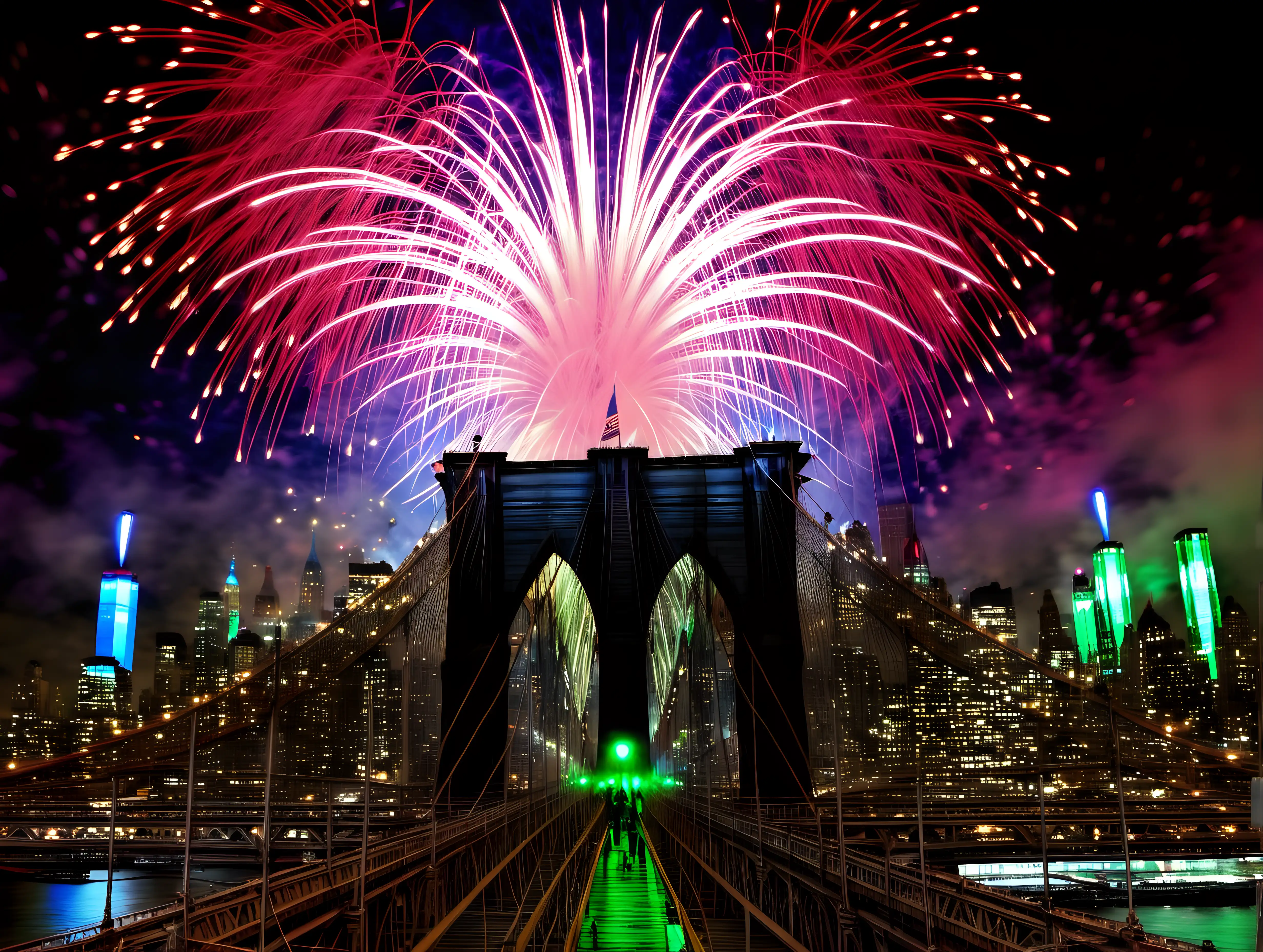 New Years Eve Fireworks Over Brooklyn Bridge