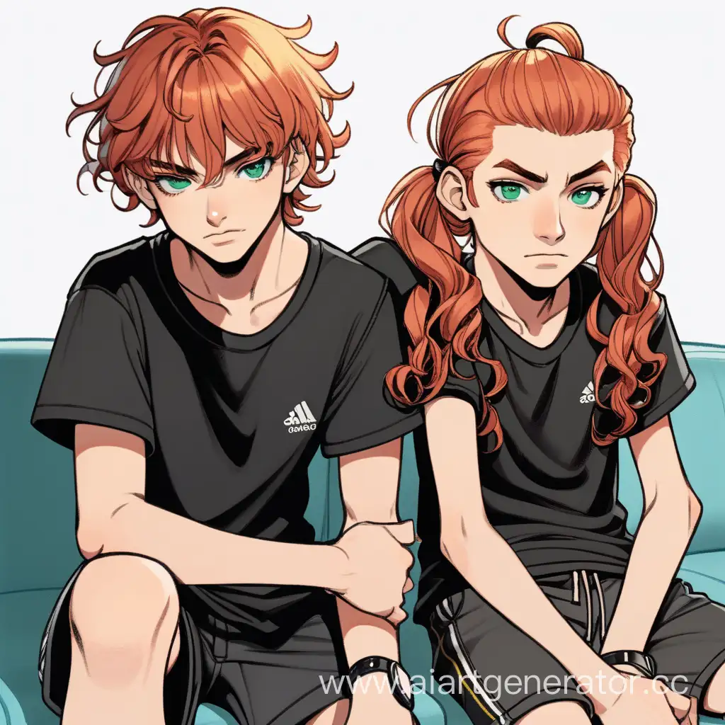 a cartoon image of a boy of about seventeen, with long curly blond hair tied into a low ponytail, with a stand of hair sticking out from his face, blue eyes outlined in black shadows, dressed in a black t-shirt and black shorts, along with his brother, a boy of about fifteen, with fiery red hair shoulder-length, parted in the middle, with green eyes, dressed in a dark green t-shirt and black shorts, sitting together on the sofa