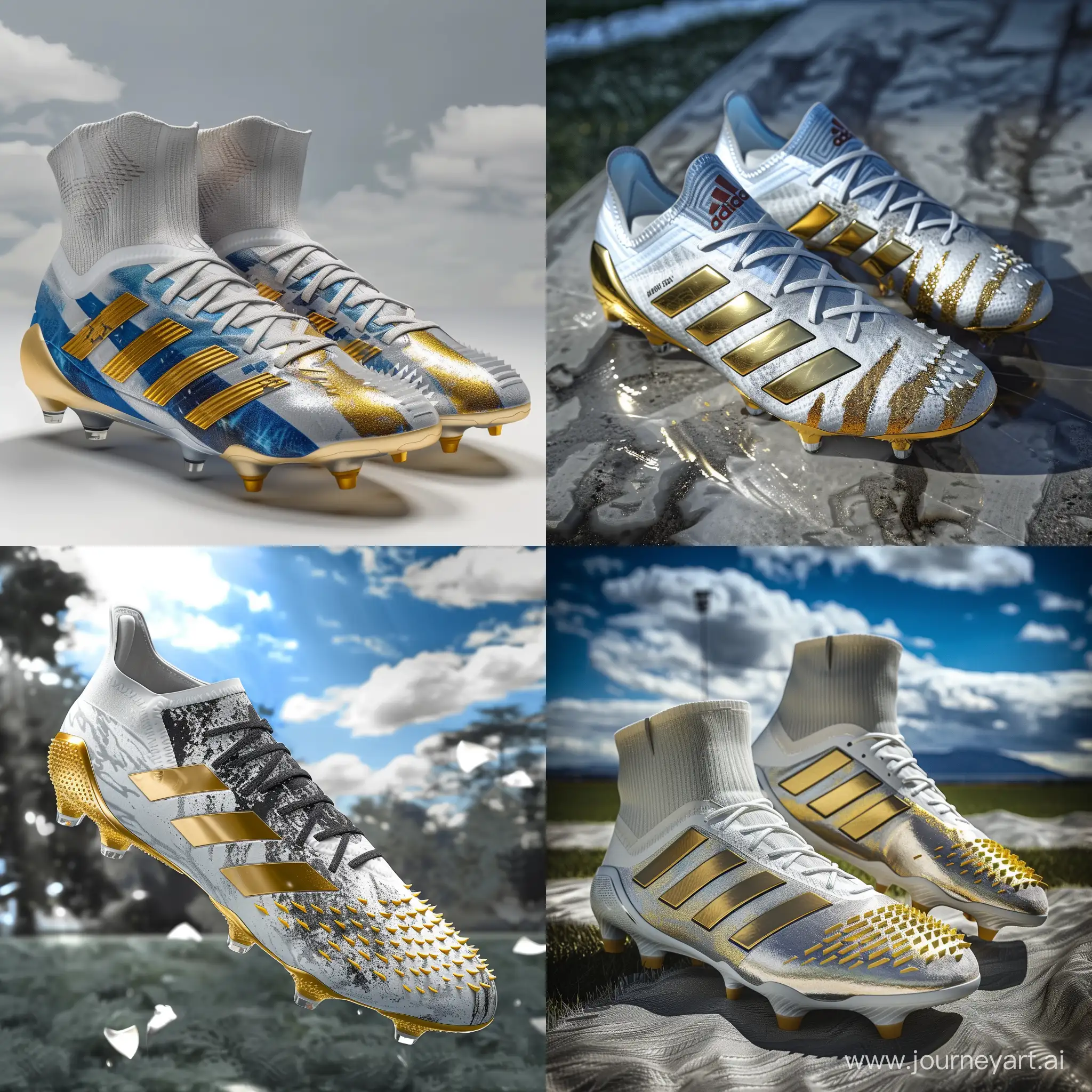 Adidas Modern Football Boots, Argentina flag Design, Photography in Sky, Gold & White Detailed, Hyper Realistic, 8k, High Accuracy